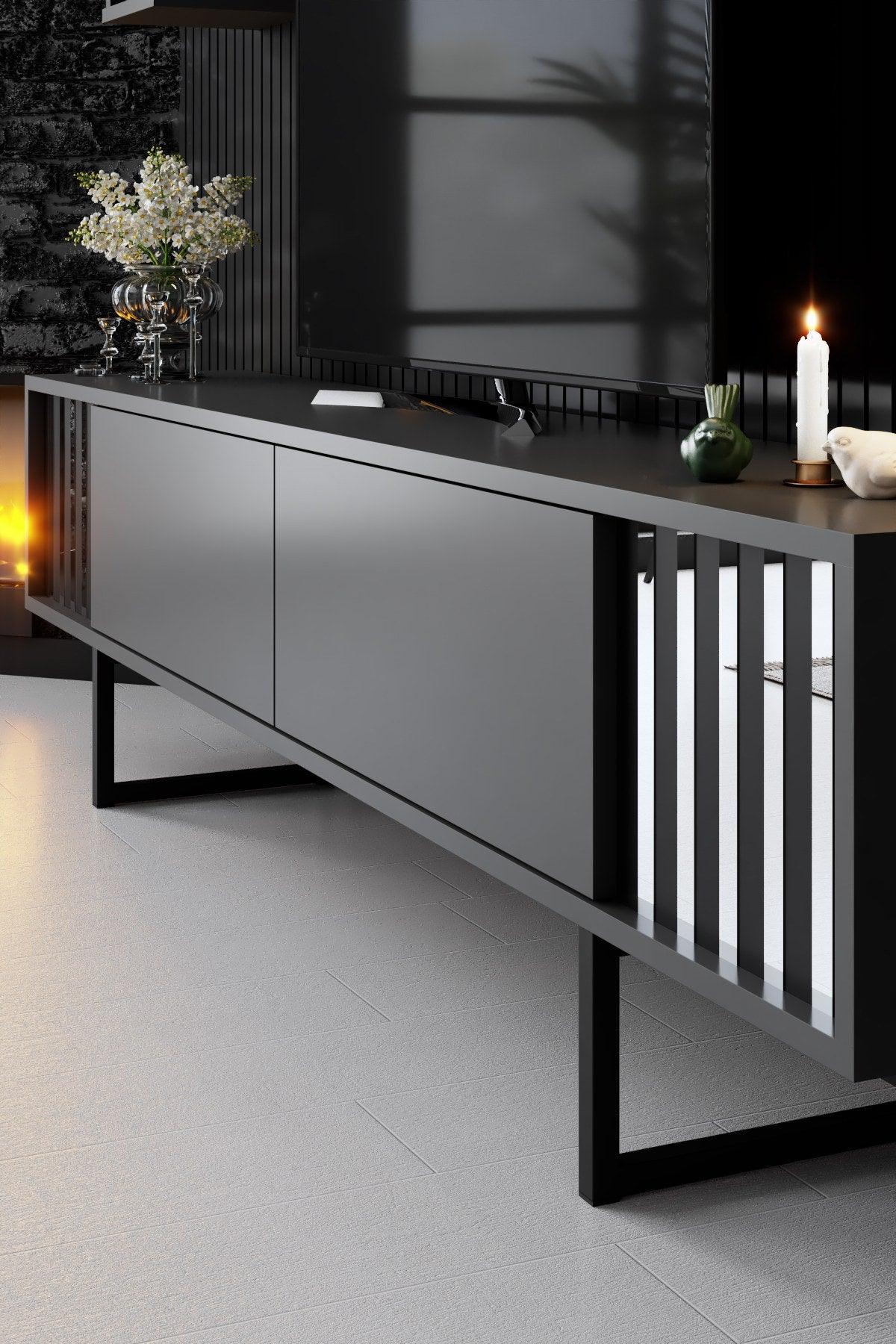 Comoda Tv Chrome Line Tv Stand Stylish, Gri, 180x30x18 cm - Negru