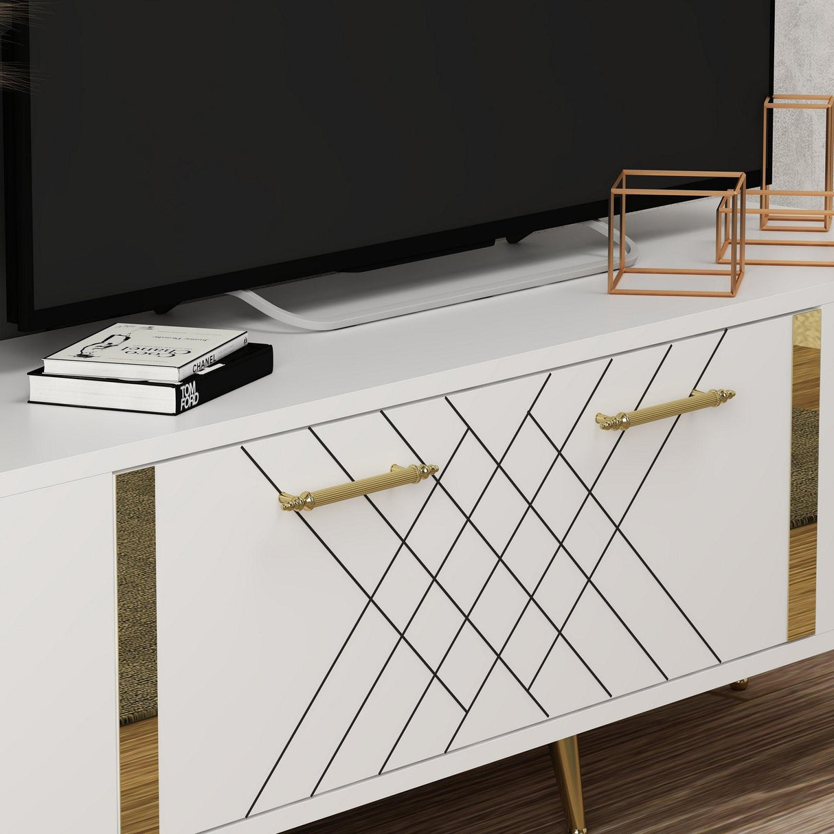 Comoda Tv Detas - White, Gold, Alb, 150x48x35 cm