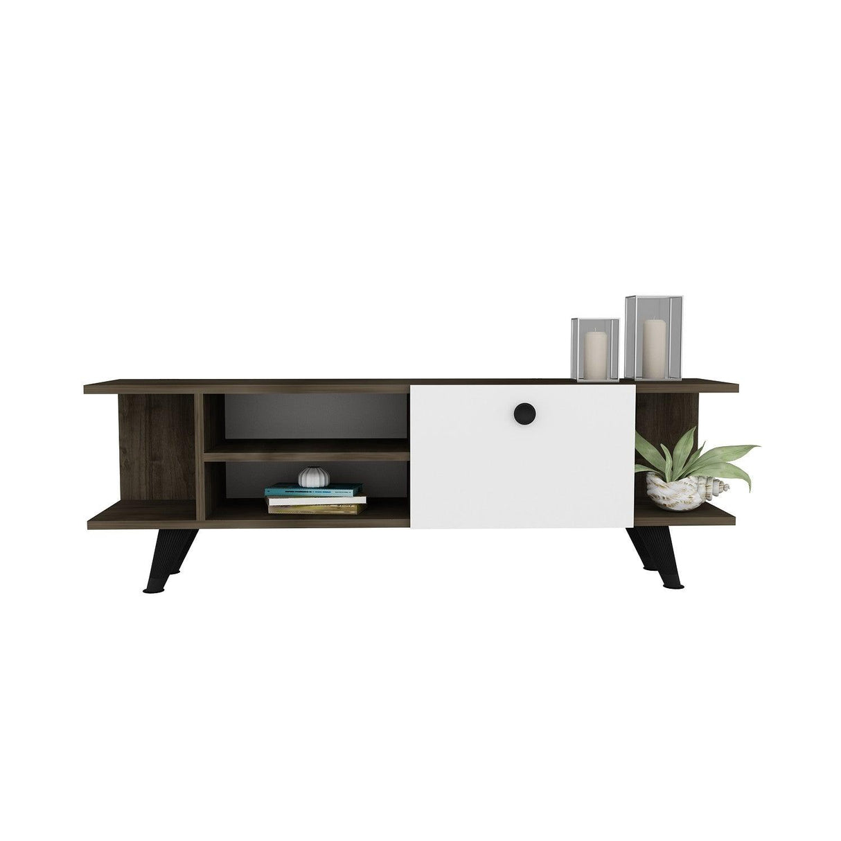 Comoda TV Fantery cu Rafturi si Usa, Nuc - Stejar, 120x45x30 cm - Nuc