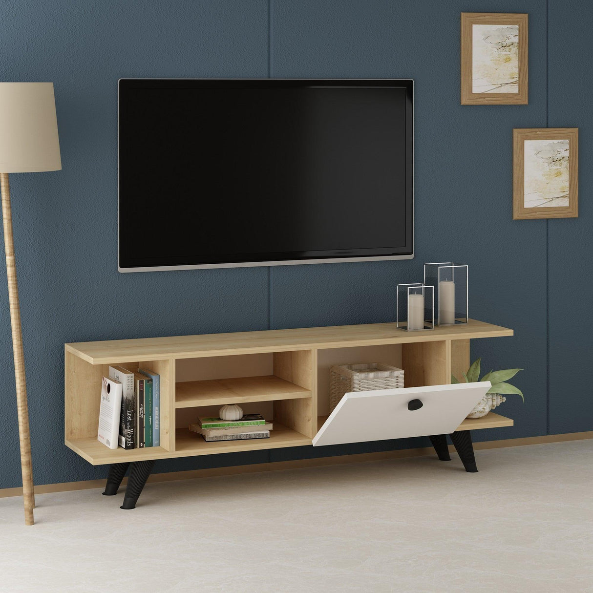 Comoda TV Fantery cu Rafturi si Usa, Nuc - Stejar, 120x45x30 cm - Stejar