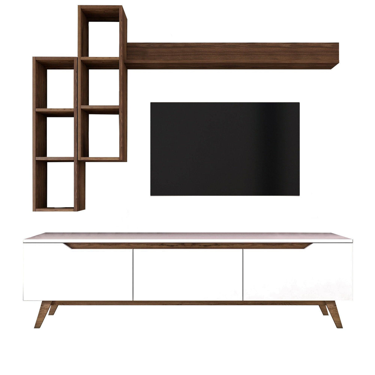 Comoda tv Hirvat cu biblioteca elegant, Alb - Nuc, 180x49x35 cm