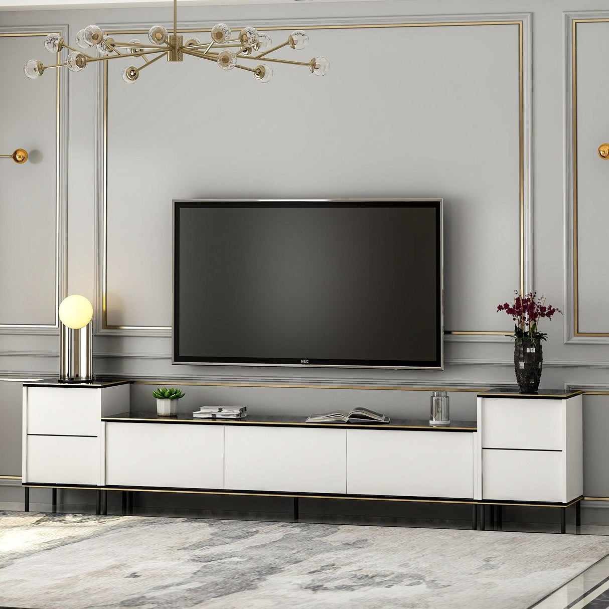 Comoda Tv Imaj, Gri, 180x45x35 cm - Auriu alb negru