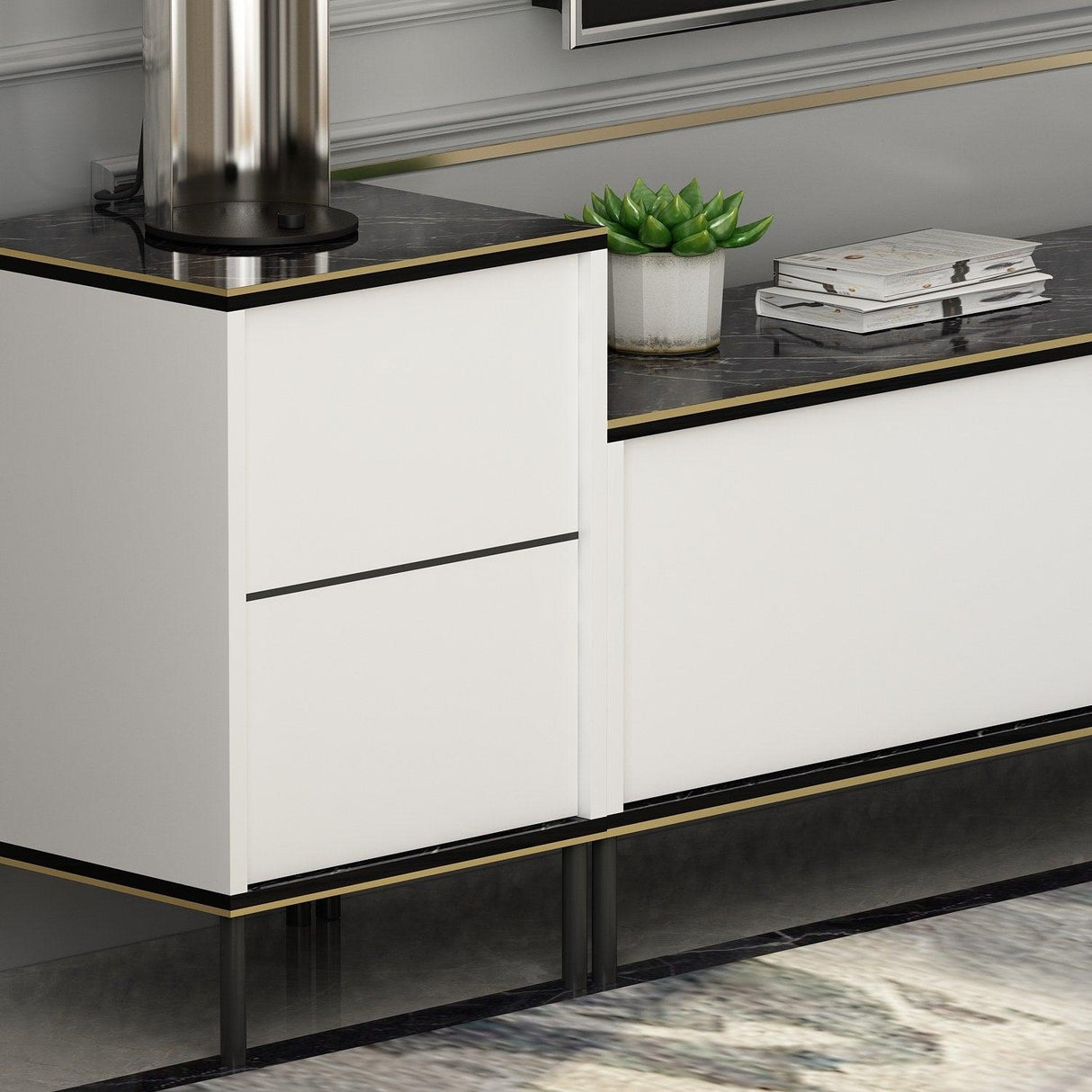 Comoda Tv Imaj, Gri, 180x45x35 cm - Auriu alb negru