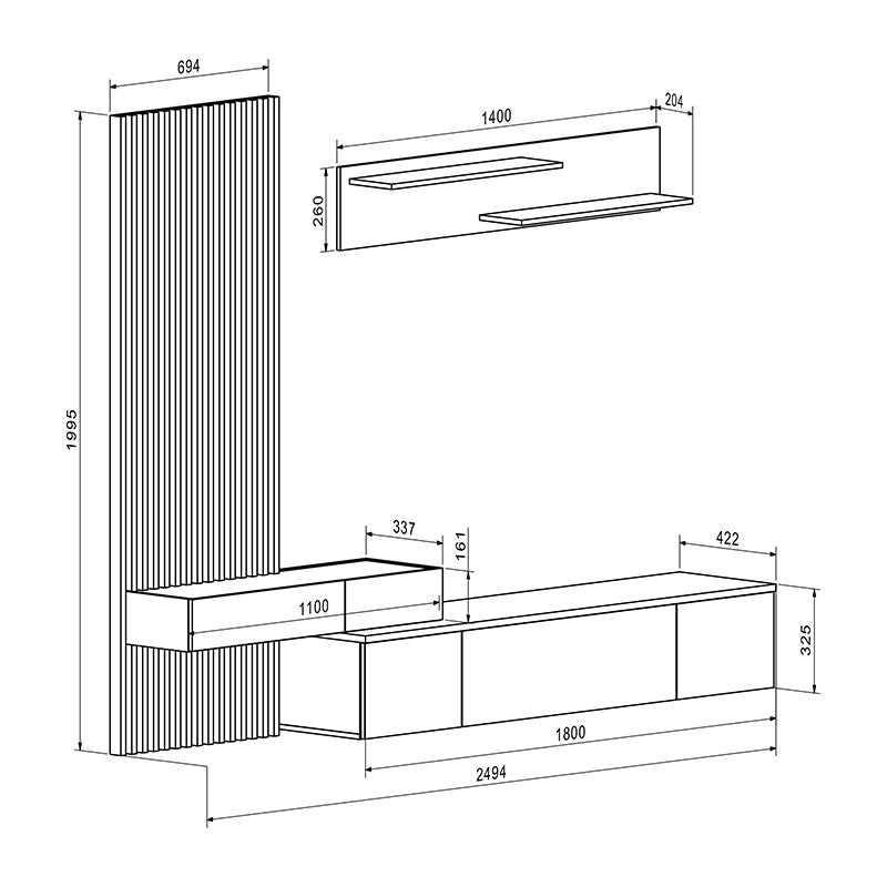 Comoda TV Litende Lux cu Riflaj, Diverse culori, 250x42x200 cm, 42x250 cm - Alb