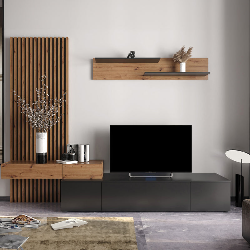 Comoda TV Litende Lux cu Riflaj, Diverse culori, 250x42x200 cm, 42x250 cm - Negru