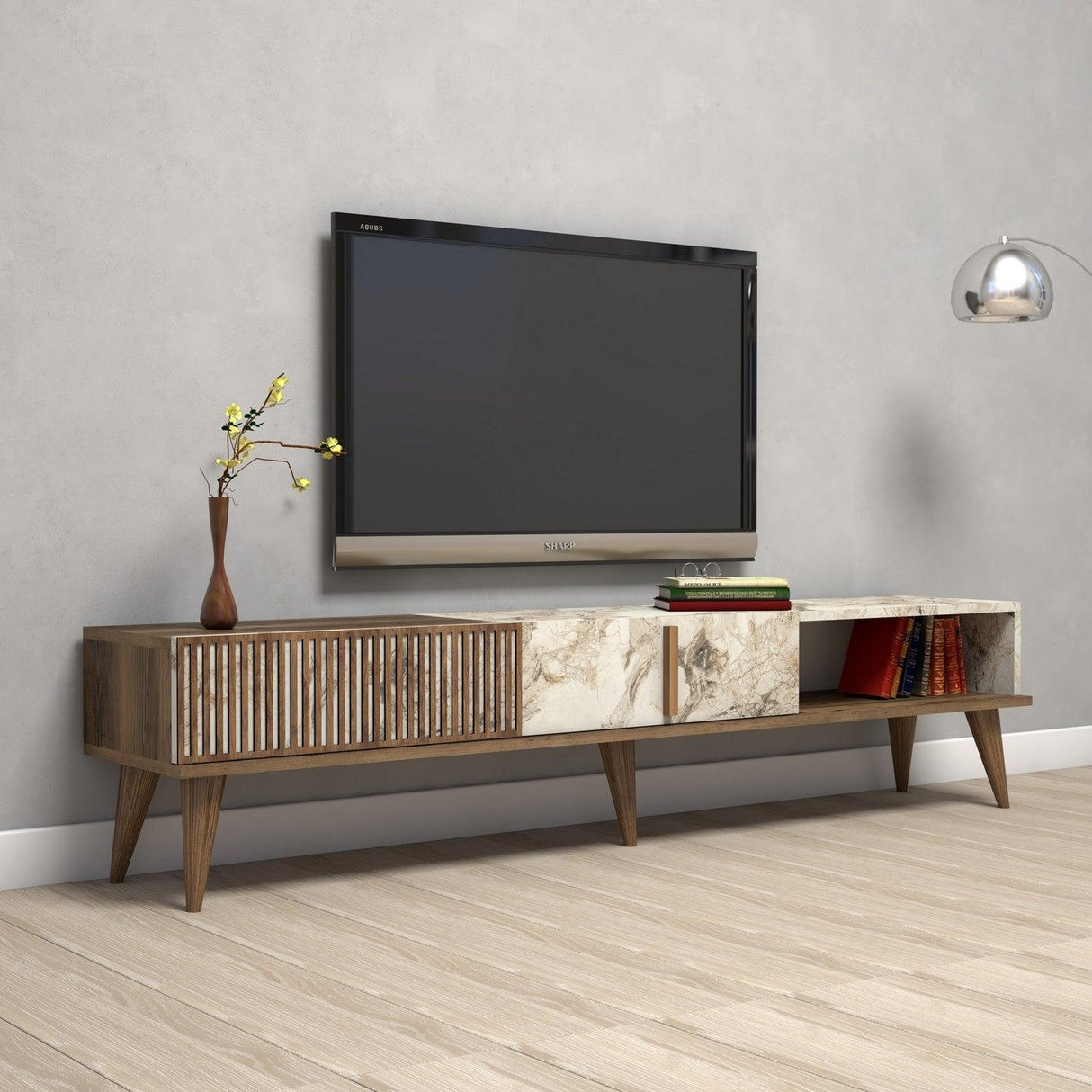 Comoda Tv Lux Elixir cu 3 Compartimente, Alb - Nuc, 180x40x35 cm