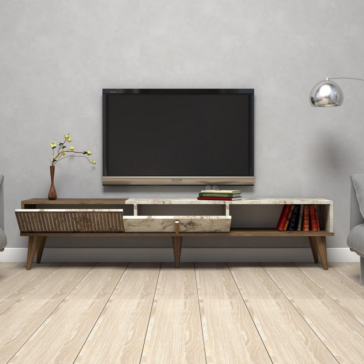 Comoda Tv Lux Elixir cu 3 Compartimente, Alb - Nuc, 180x40x35 cm
