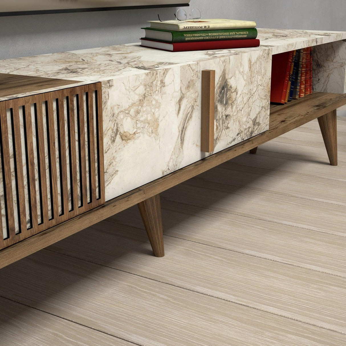 Comoda Tv Lux Elixir cu 3 Compartimente, Alb - Nuc, 180x40x35 cm