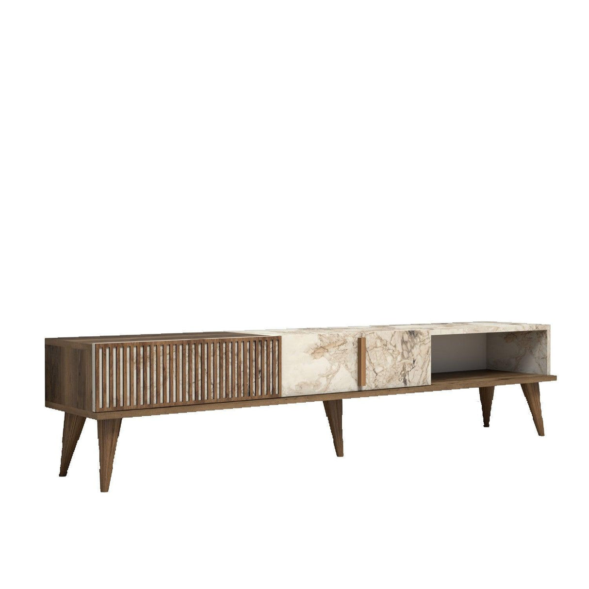 Comoda Tv Lux Elixir cu 3 Compartimente, Alb - Nuc, 180x40x35 cm