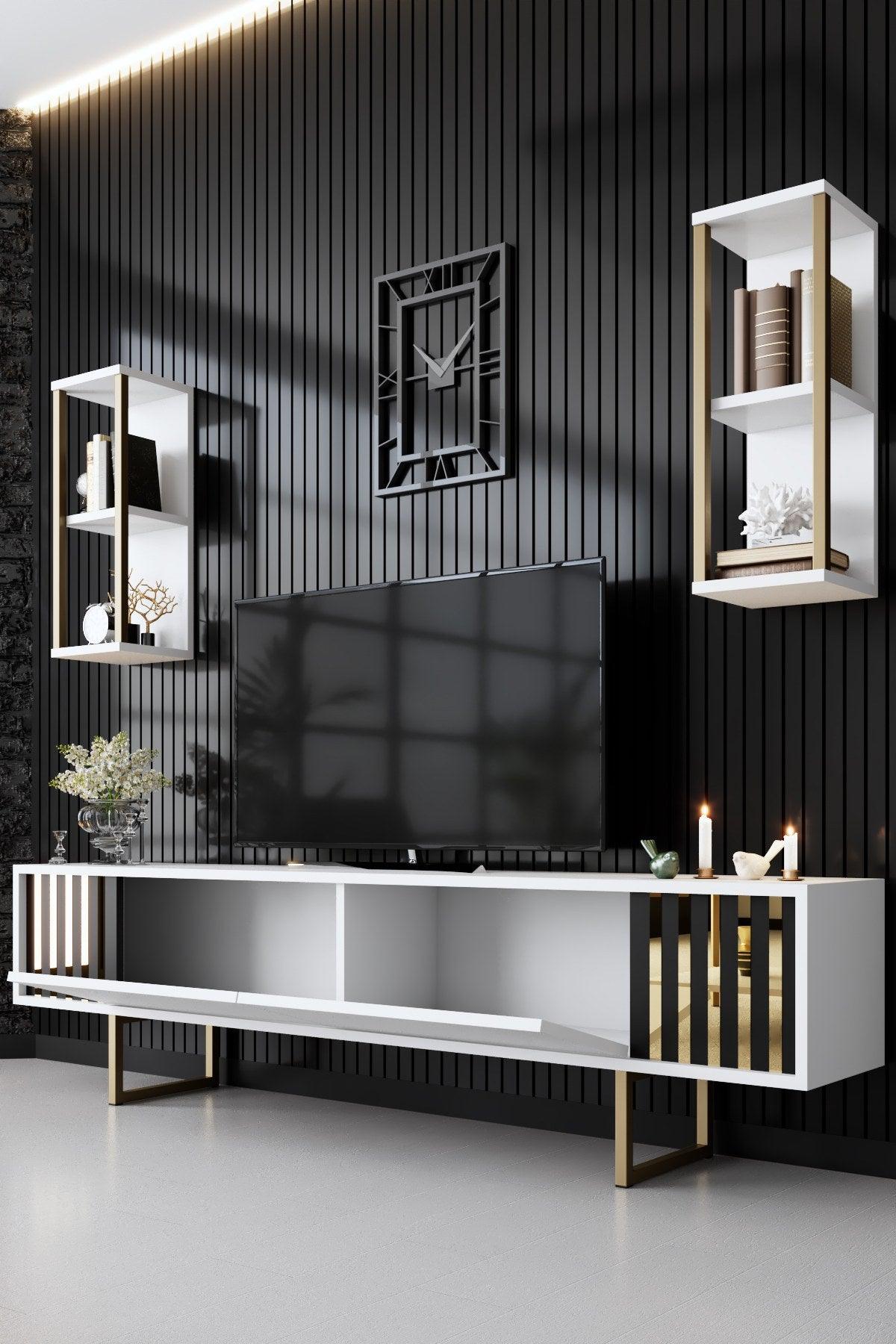 Comoda Tv Lux Gold Line Tv Stand Stylish, Alb - Nuc - Gri, 180x30x18 cm - Alb