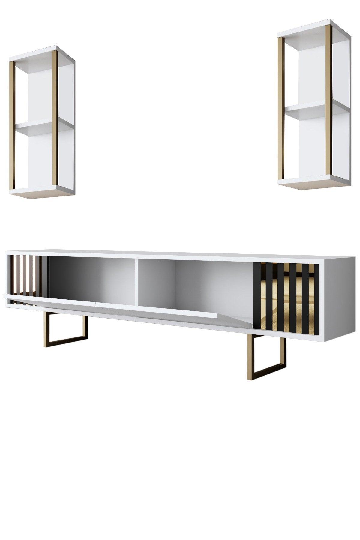 Comoda Tv Lux Gold Line Tv Stand Stylish, Alb - Nuc - Gri, 180x30x18 cm - Alb