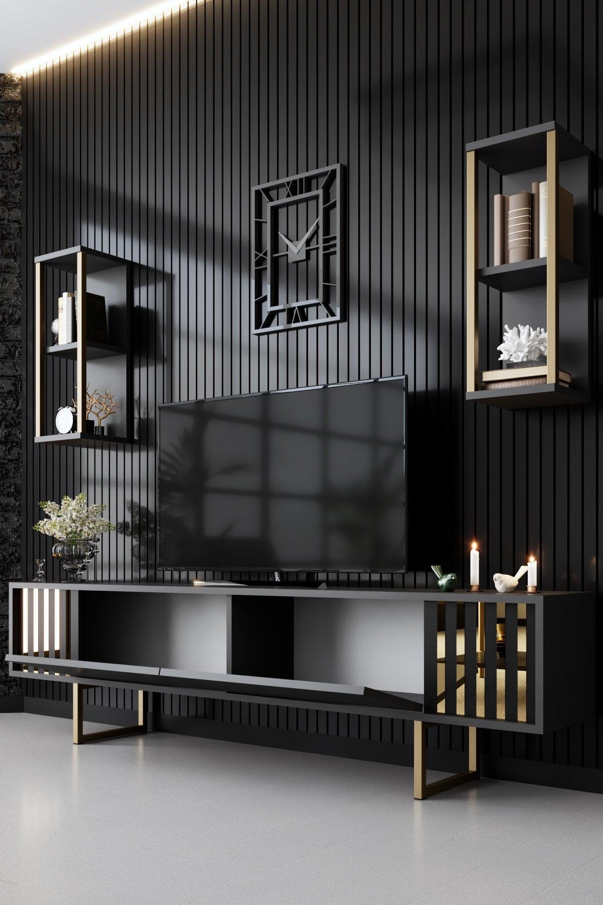 Comoda Tv Lux Gold Line Tv Stand Stylish, Alb - Nuc - Gri, 180x30x18 cm - Gri