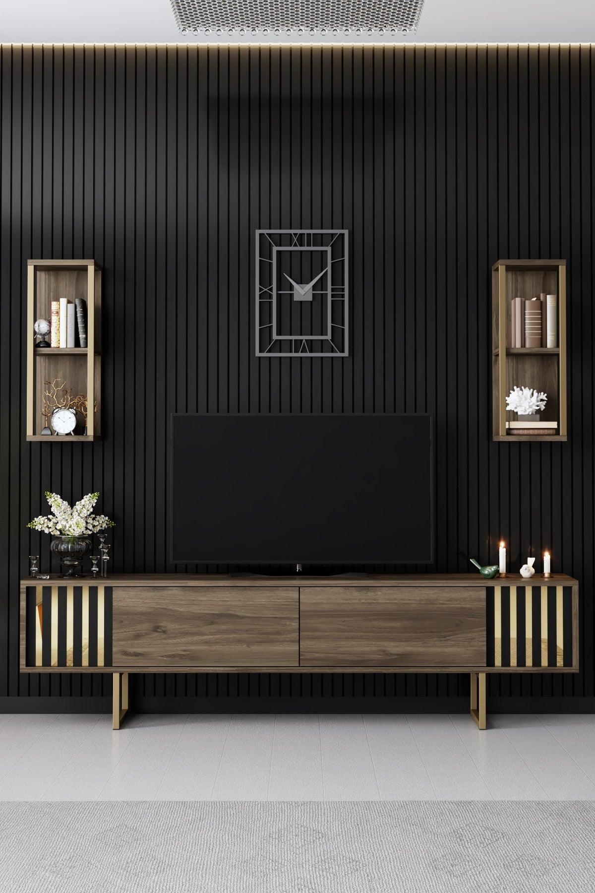 Comoda Tv Lux Gold Line Tv Stand Stylish, Alb - Nuc - Gri, 180x30x18 cm - Maro