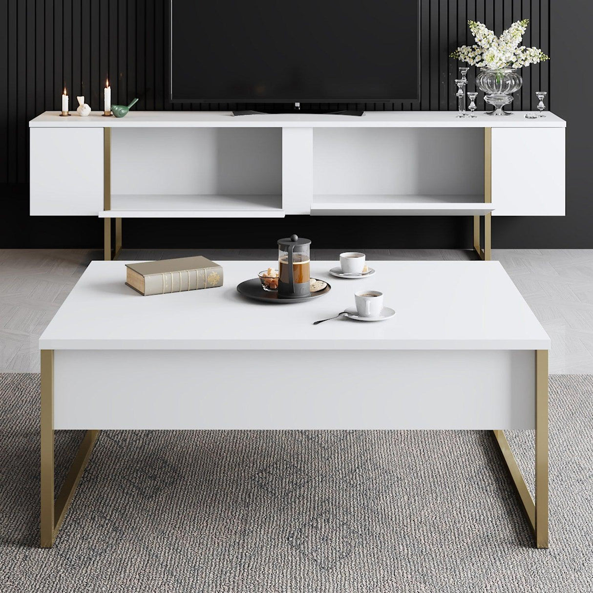 Comoda Tv Luxe TV Stand Chic, Alb Negru Nuc, 180x50x30 cm - Alb