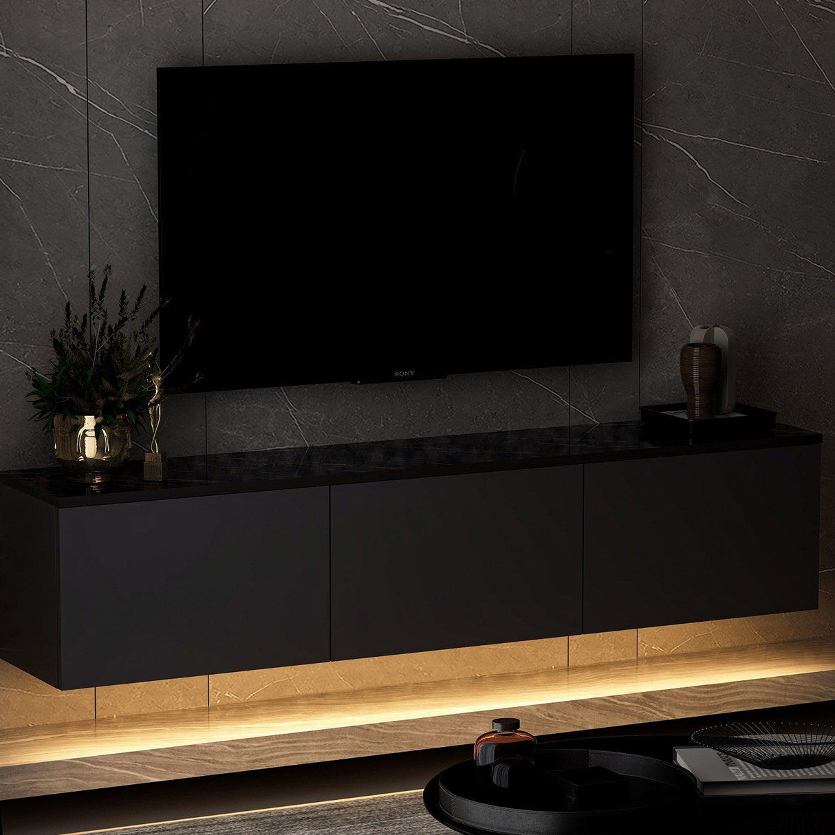 Comoda Tv Neon Illuminated - Anthracite, Gri, 32x35x160 cm