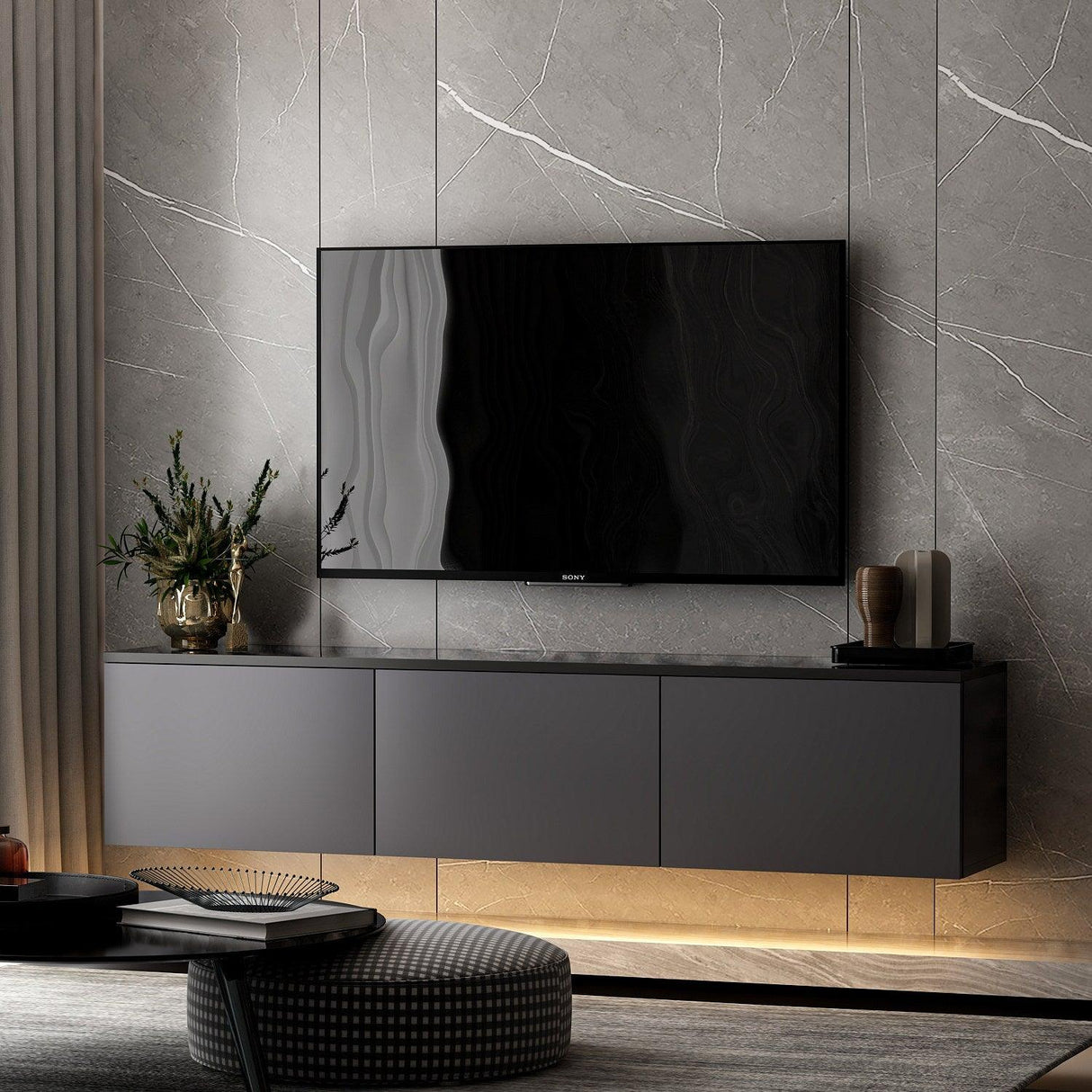 Comoda Tv Neon Illuminated - Anthracite, Gri, 32x35x160 cm