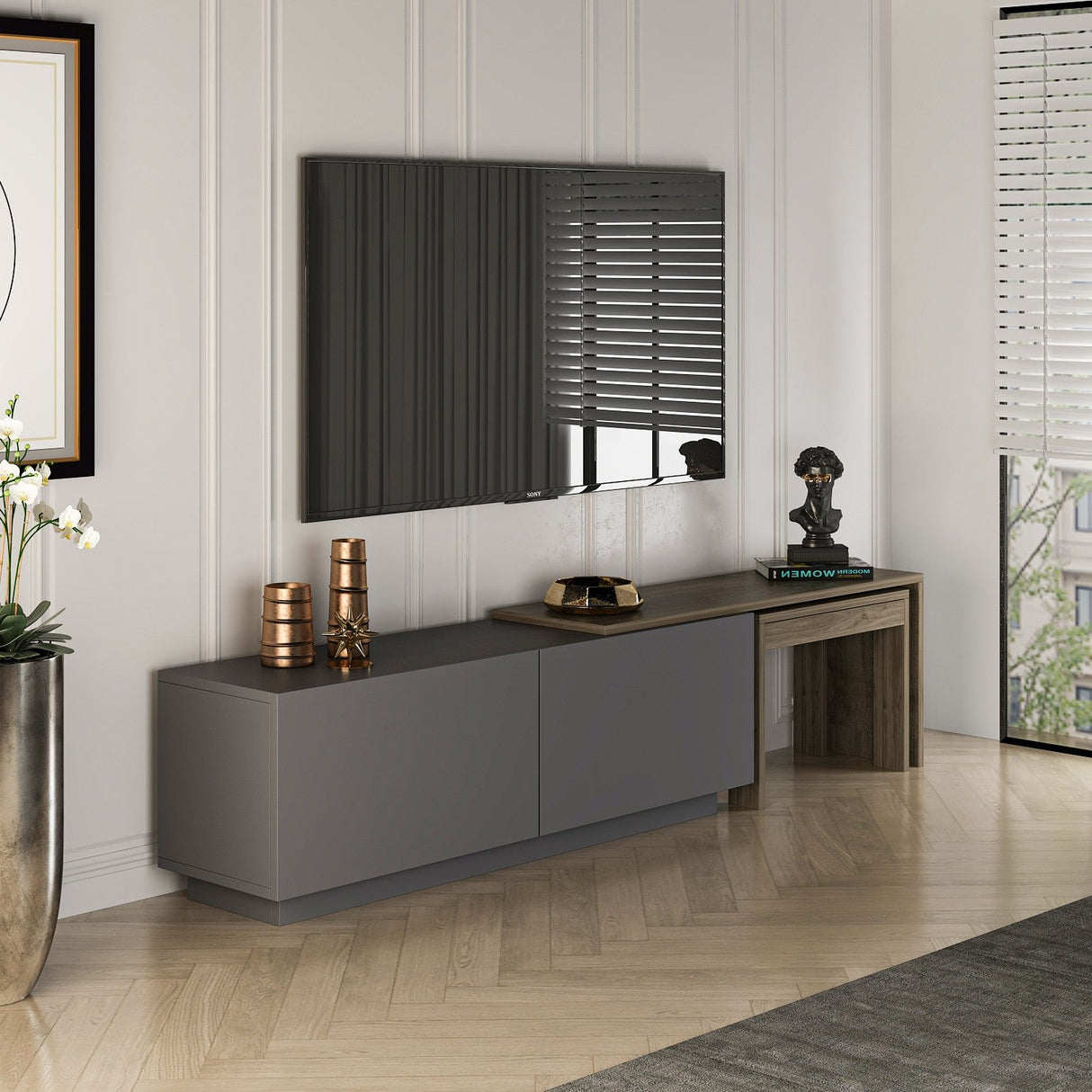 Comoda TV Oslo Antec, Anthracite Walnut - White Atlantic Pine, 180x43 cm - Anthracite Walnut