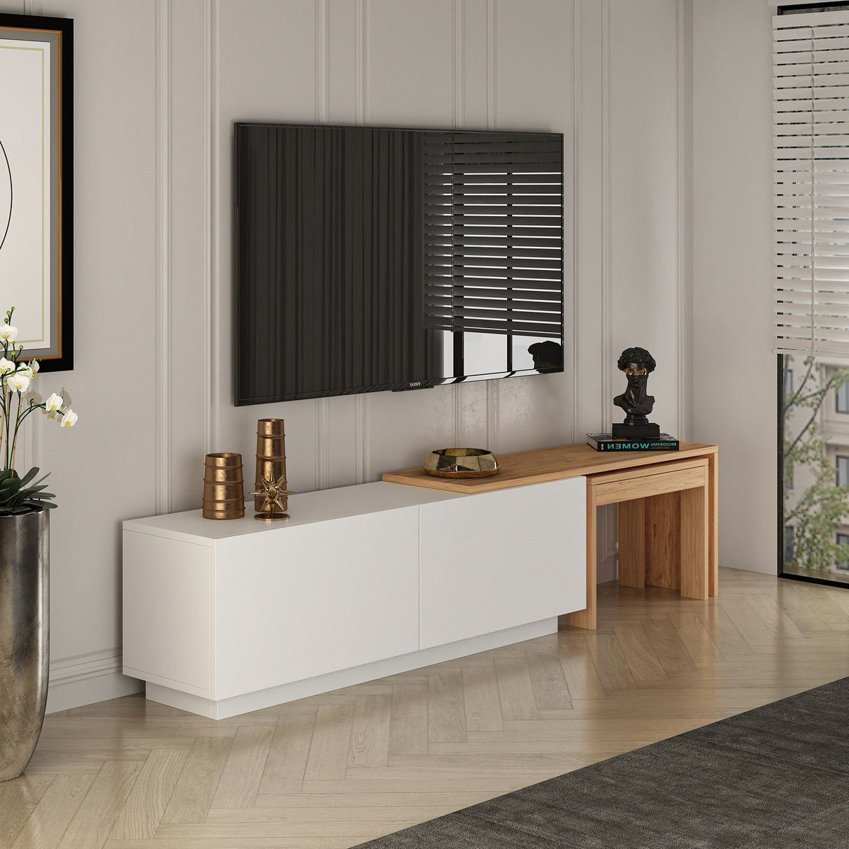 Comoda TV Oslo Antec, Anthracite Walnut - White Atlantic Pine, 180x43 cm - White Atlantic Pine