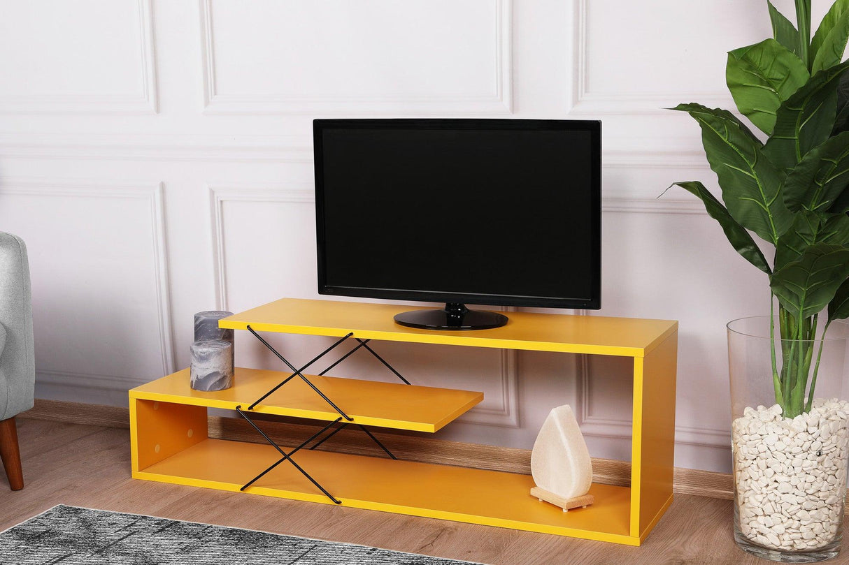 Comoda Tv Zigzag, Alb - Gri - Galben - Stejar - Maro, 120x40x30 cm - Galben