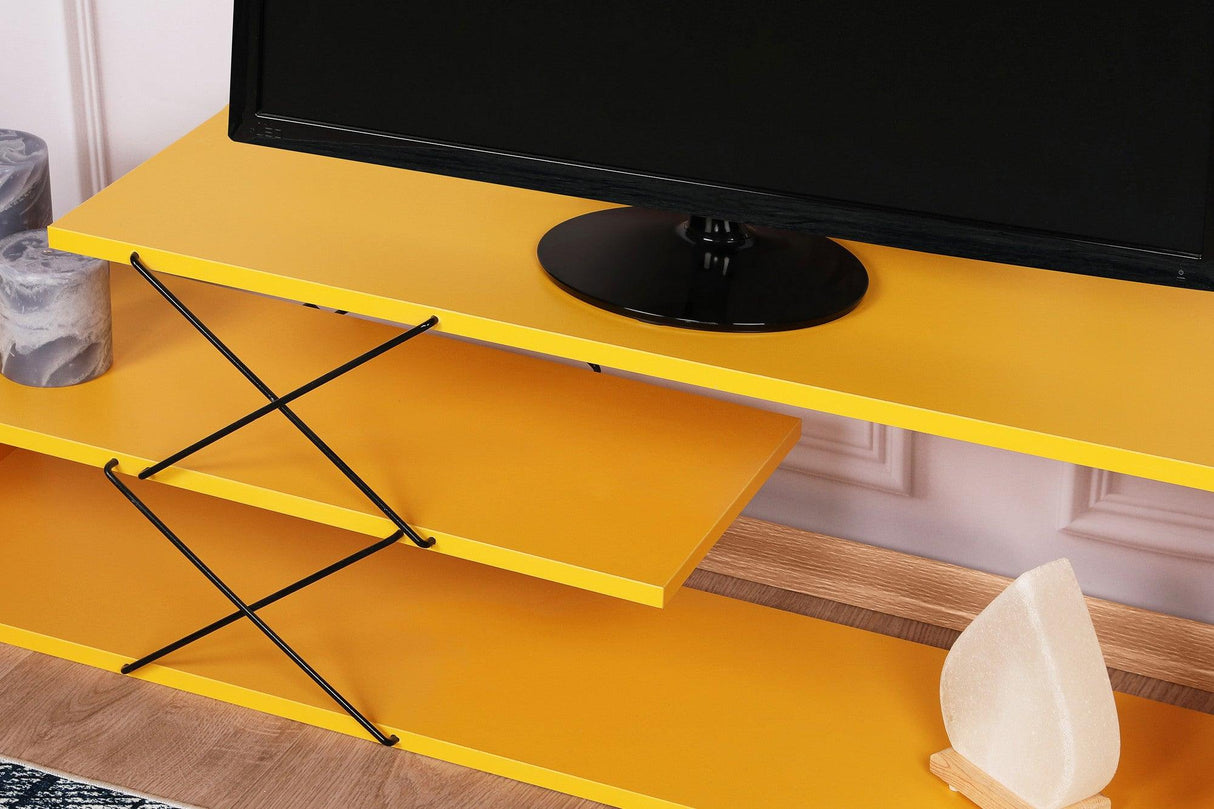 Comoda Tv Zigzag, Alb - Gri - Galben - Stejar - Maro, 120x40x30 cm - Galben