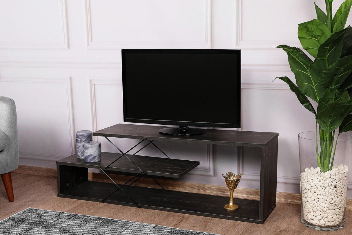 Comoda Tv Zigzag, Alb - Gri - Galben - Stejar - Maro, 120x40x30 cm - Maro inchis