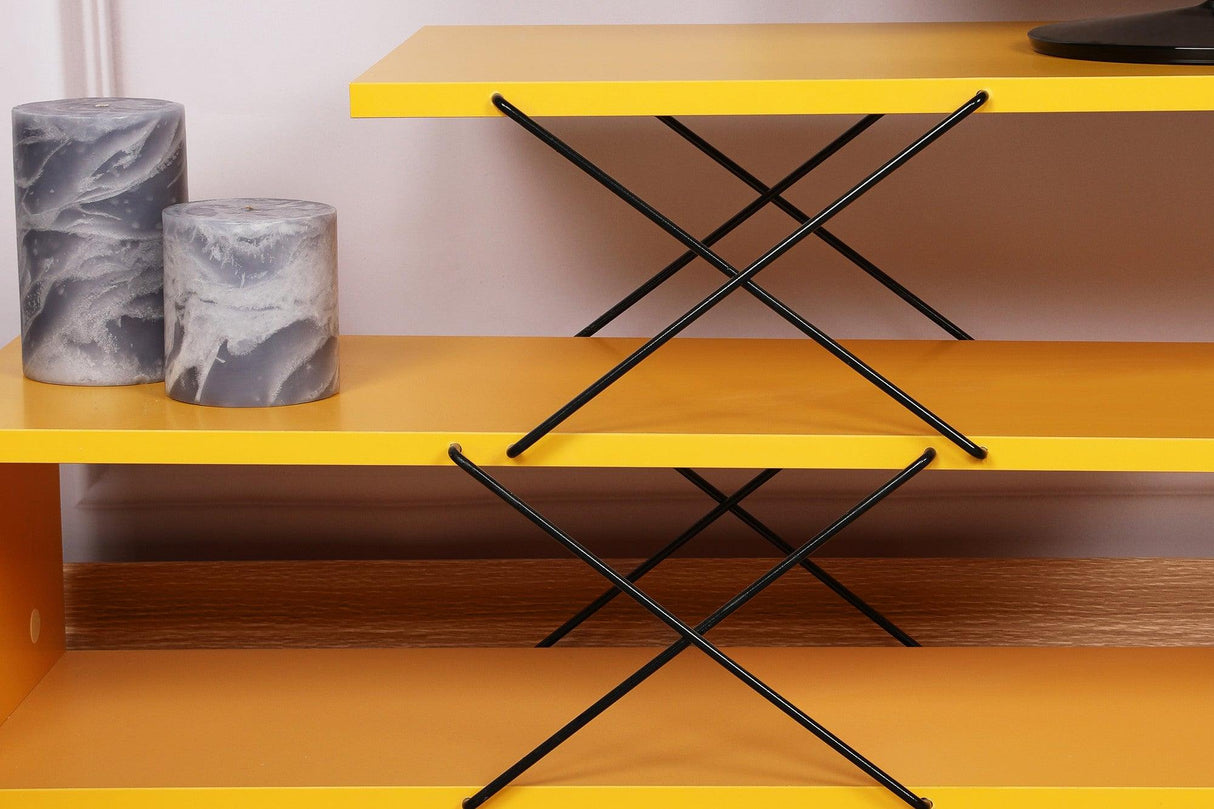 Comoda Tv Zigzag, Alb - Gri - Galben - Stejar - Maro, 120x40x30 cm - Galben