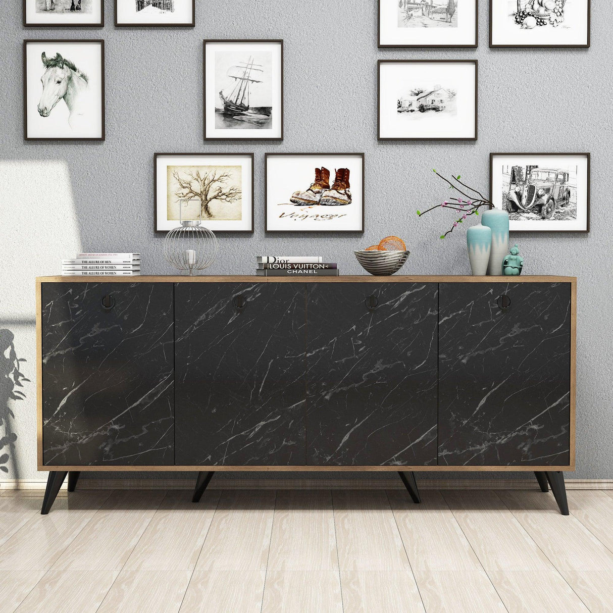 Consolă Elite Console, Alb - Negru, 180x80x45 cm - Marmură neagră