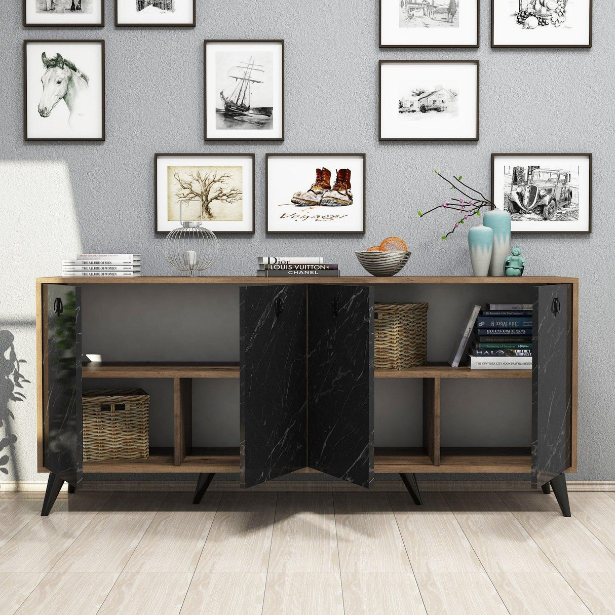 Consolă Elite Console, Alb - Negru, 180x80x45 cm - Marmură neagră
