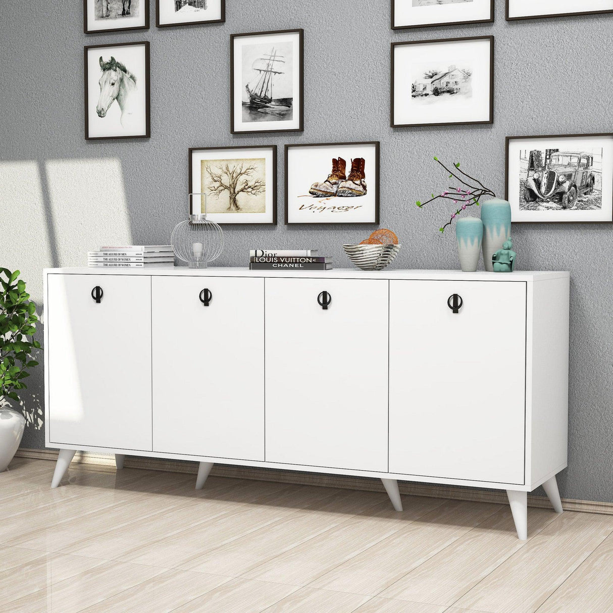 Consolă Elite Console, Alb - Negru, 180x80x45 cm - Alb