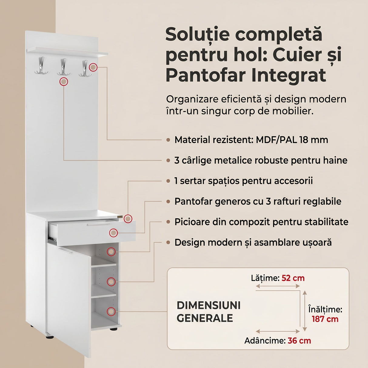 Cuier cu Pantofar PRT-511-BB-1 Home Collection® Porto Aero cu usa si sertar, Alb - Stejar, 52x187x36 cm - Alb | SKU: PRT-511-BB-1, PRT-511-FF-1