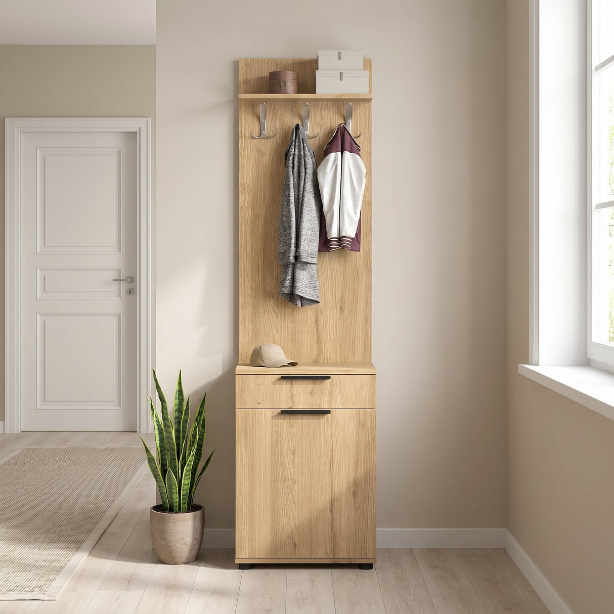 Cuier cu Pantofar PRT-511-BB-1 Home Collection® Porto Aero cu usa si sertar, Alb - Stejar, 52x187x36 cm - Stejar | SKU: PRT-511-FF-1