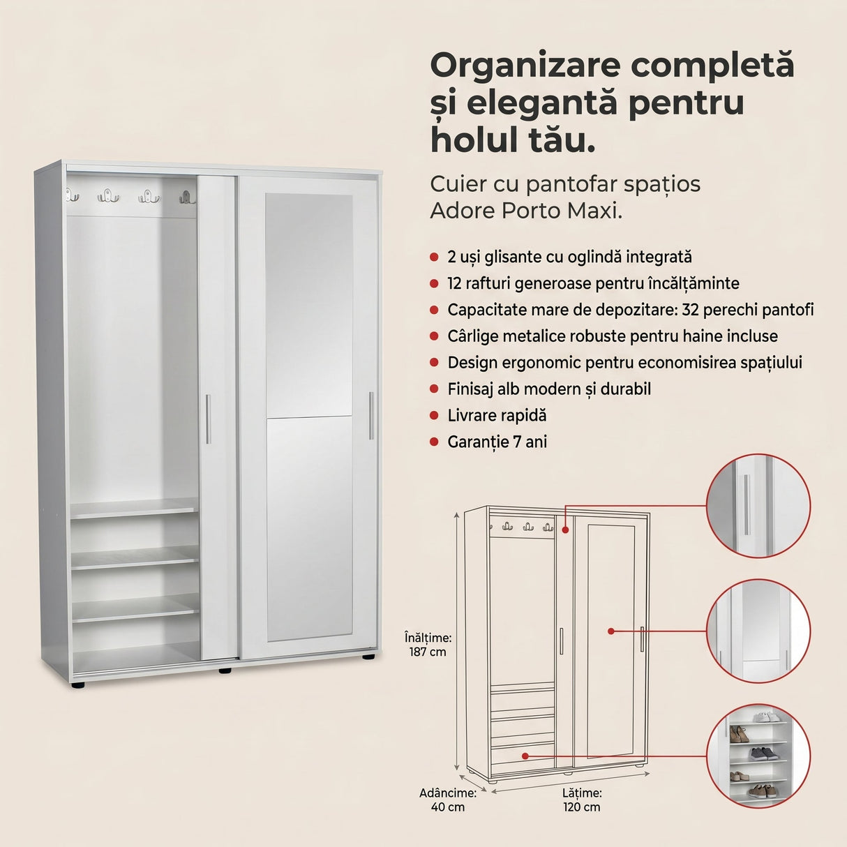 Cuier cu pantofar PRT-620-BB-3 Home Collection® Porto Maxi, 2 usi cu oglinda, 12 rafturi, capacitate 32 perechi incaltaminte, Alb - Natur, 120x187x40 cm - Alb | SKU: PRT-620-BB-3, PRT-620-TT-3