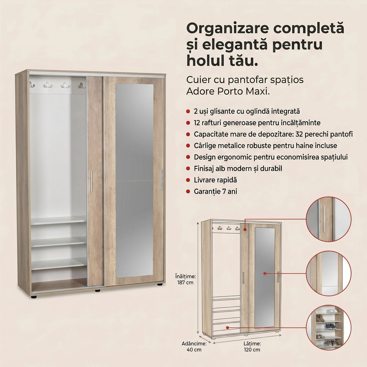 Cuier cu pantofar PRT-620-BB-3 Home Collection® Porto Maxi, 2 usi cu oglinda, 12 rafturi, capacitate 32 perechi incaltaminte, Alb - Natur, 120x187x40 cm - Natur | SKU: PRT-620-TT-3