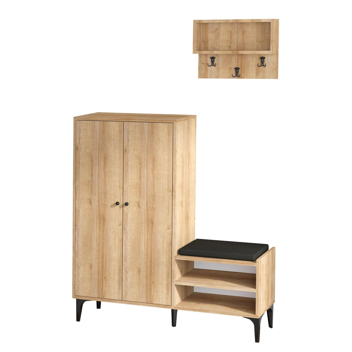 Cuier cu pantofar Arzu cu taburet si rafturi, Stejar, 120x137x35 cm
