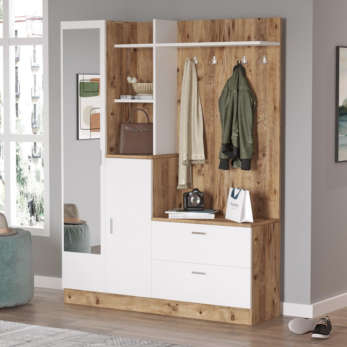 Cuier cu pantofar Cripsi, Alb - Crem, 140x182x37 cm - Stejar