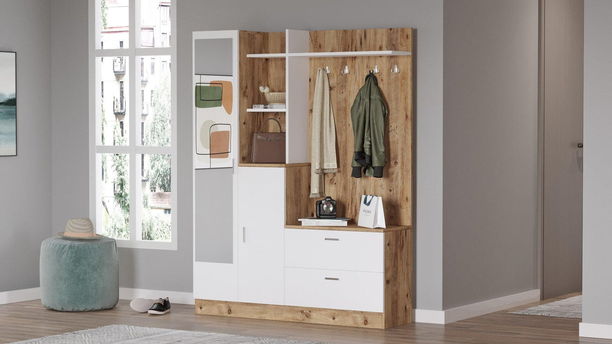 Cuier cu pantofar Cripsi, Alb - Crem, 140x182x37 cm - Stejar