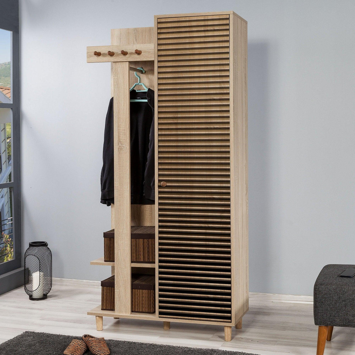 Cuier cu pantofar Garmanto 90 - 200 Hall Stand 2, Stejar Sonoma, 90x36x192 cm