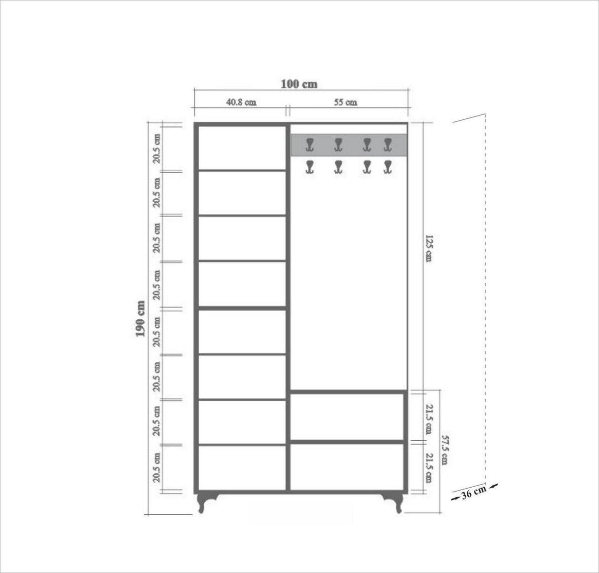 Cuier cu pantofar İNCİ-200 Hall Stand, Stejar Sonoma, 190x36x100 cm