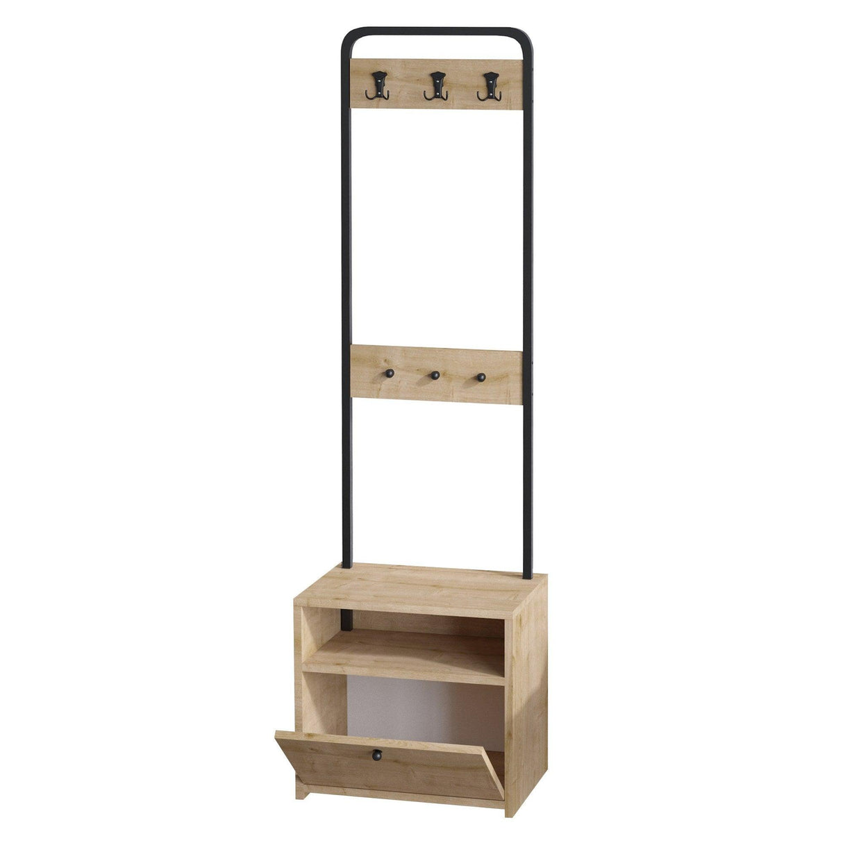 Cuier cu pantofar Molly cu 3 Rafturi si Sertar, Alb - Nuc, 50x170x35 cm - Nuc