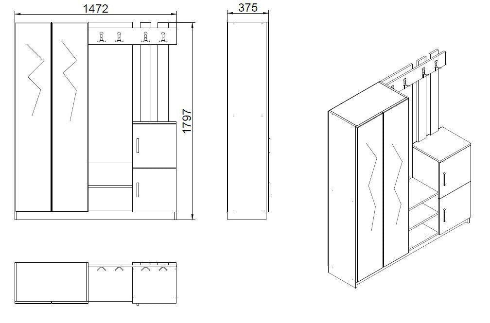 Cuier cu pantofar Rulidash cu Oglinda, Alb, 148x180x38 cm