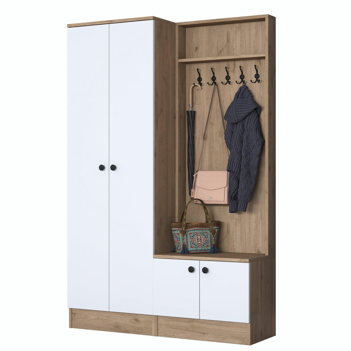 Cuier cu pantofar Zizou cu 4 usi, Alb - Nuc, 120x183x38 cm