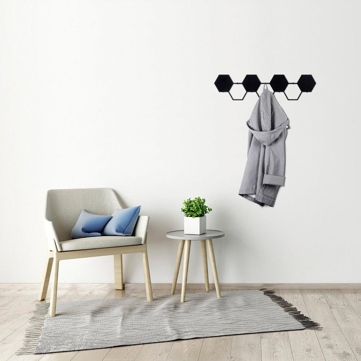 Cuier de hol metalic Hexagon, Negru, 16x60 cm