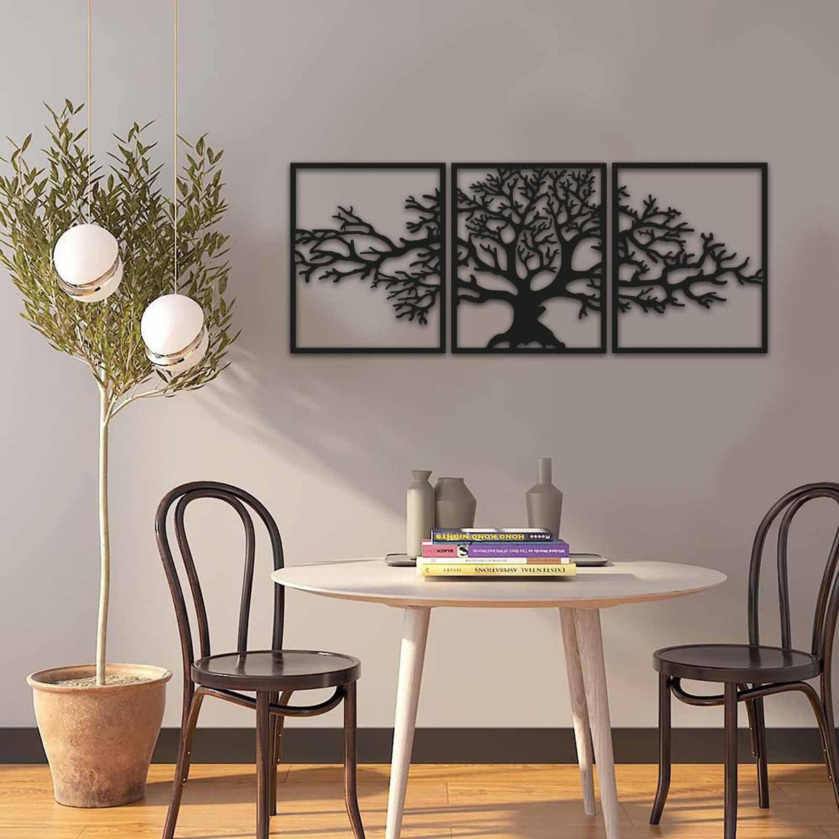Decoratiune de perete Copacul Vietii, Metal, 3 Piese, Negru, 124x49x0.15 cm