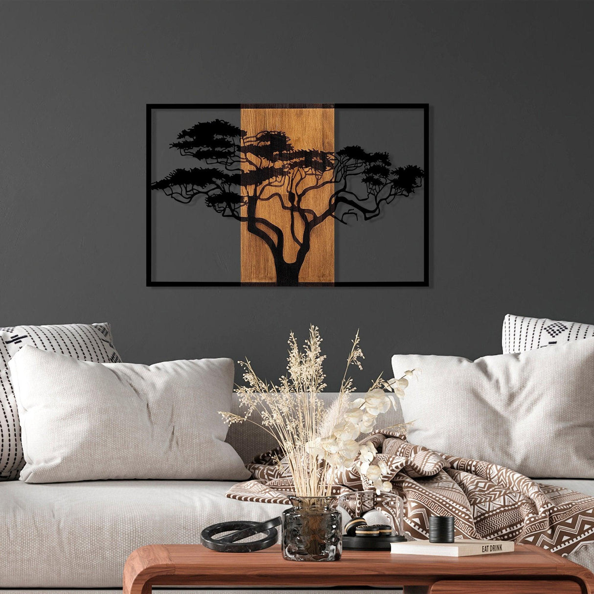 Decoratiune de perete lemn Acacia Tree - 388, Nuc, 58x90 cm