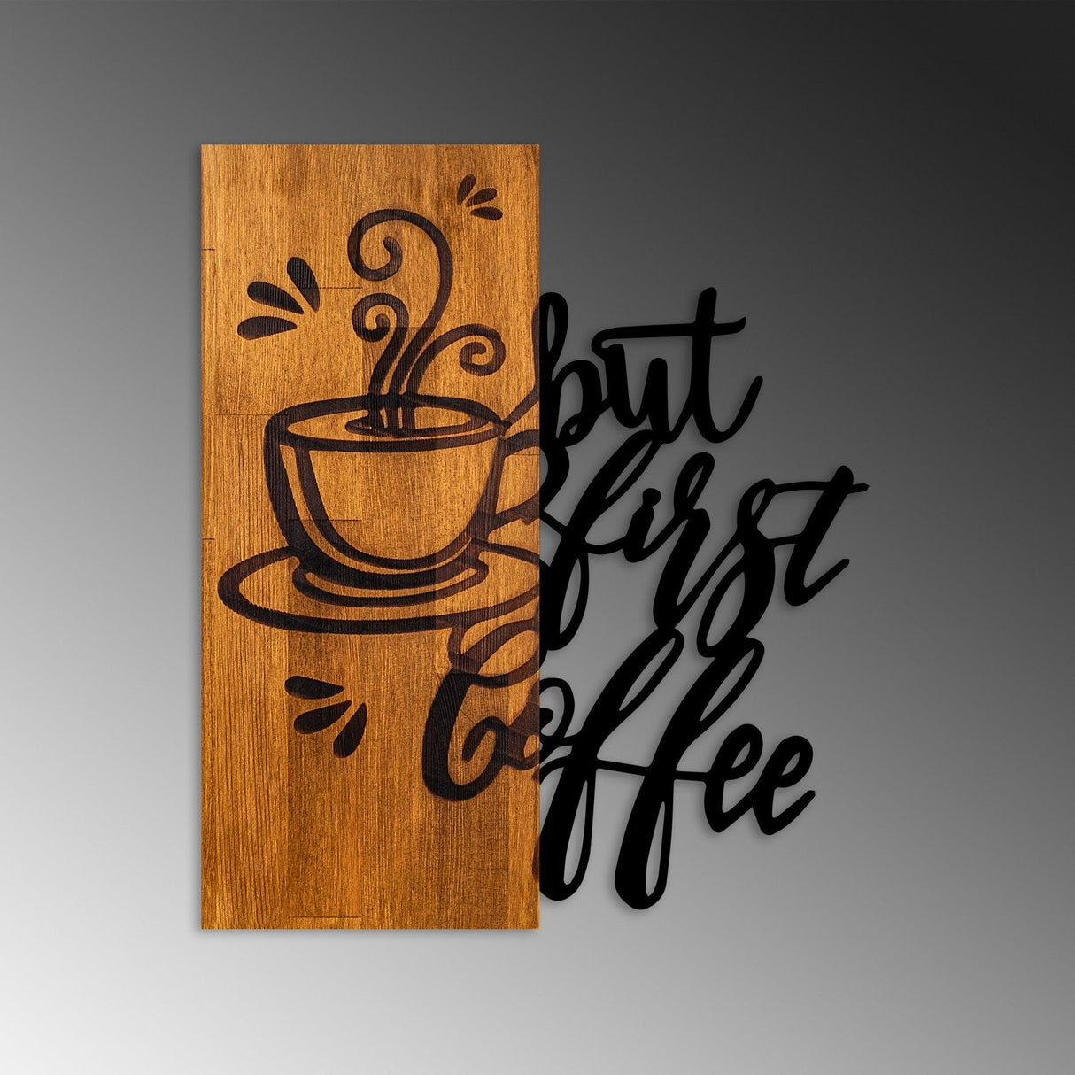 Decoratiune de perete lemn Coffee First, Nuc, 50x58 cm
