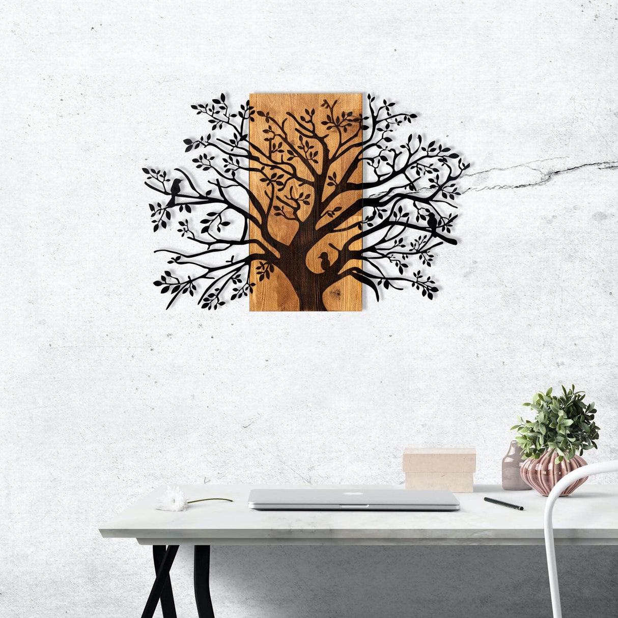 Decoratiune de perete lemn Copac Kavak, Negru, 85x58 cm