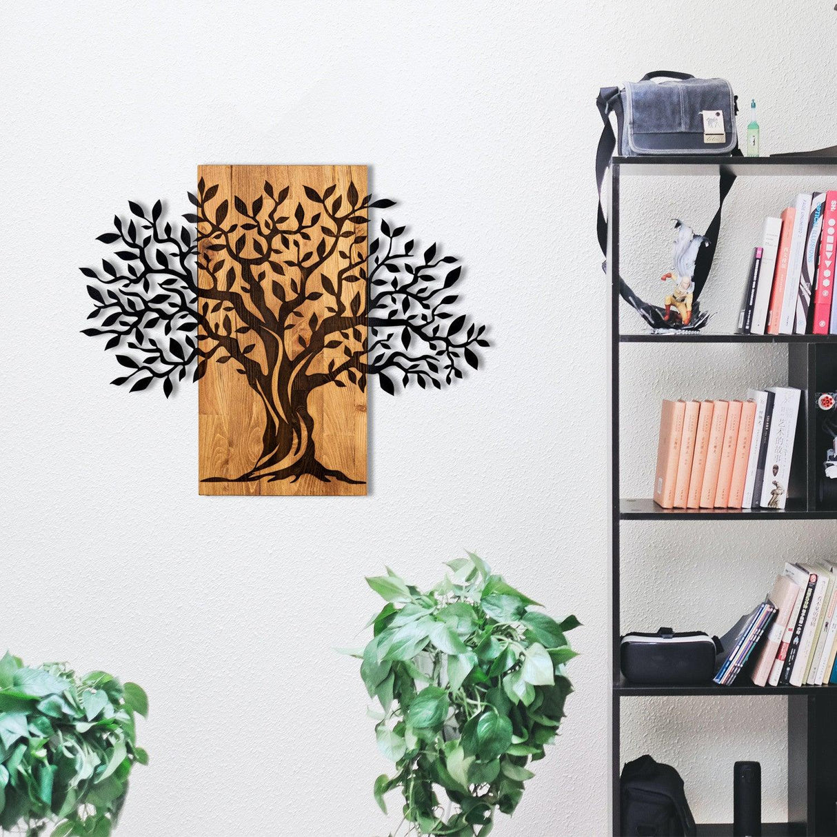 Decoratiune de perete lemn Copacul Familia, Negru, 72x58 cm