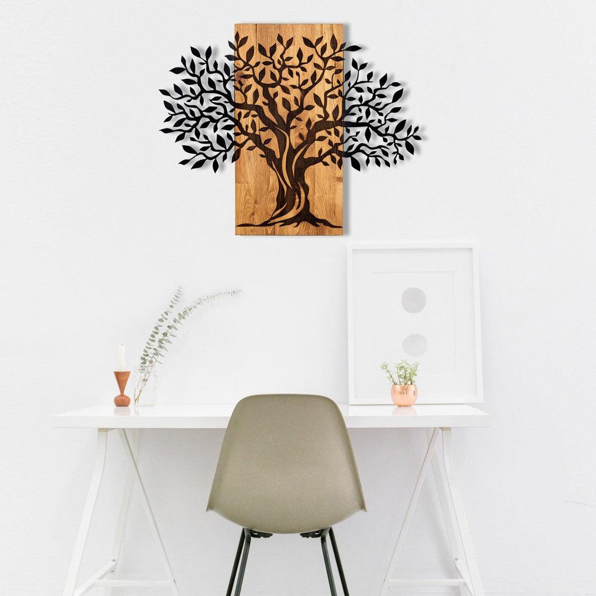 Decoratiune de perete lemn Copacul Familia, Negru, 72x58 cm