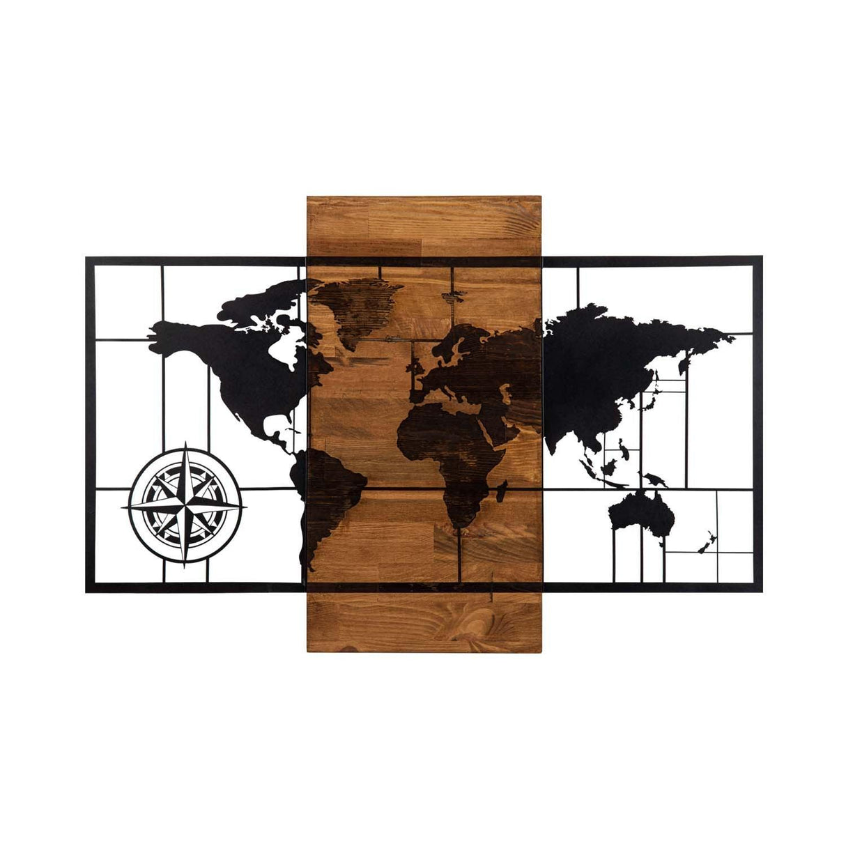 Decoratiune de perete lemn Harta Lumea, Negru, 85x58 cm