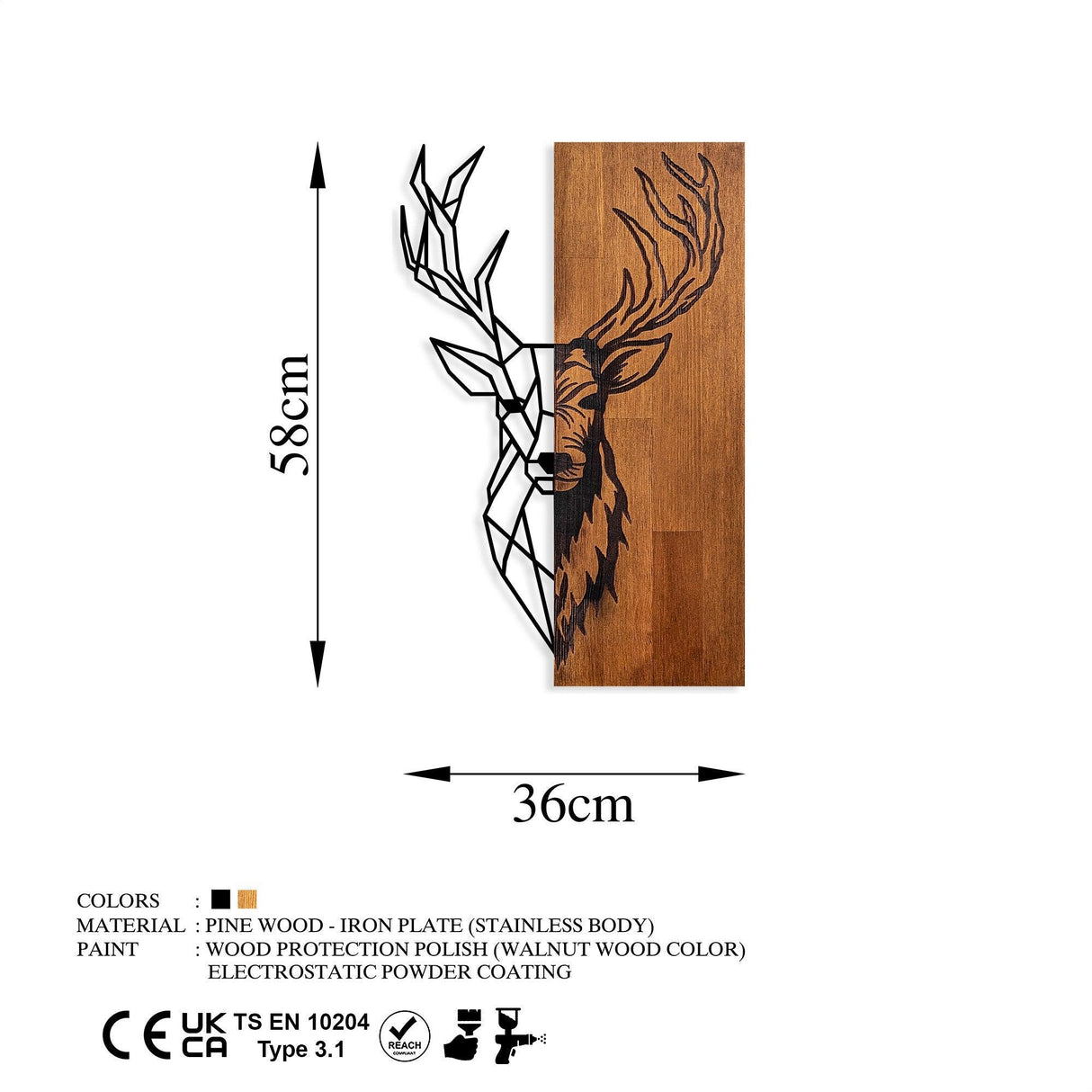 Decoratiune de perete lemn Red Deer 1, Nuc, 33x58x3 cm